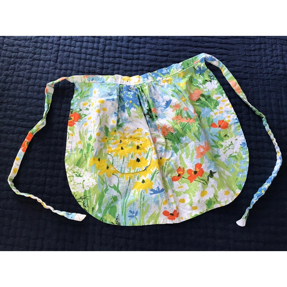 Vtg MCM Handmade Waist HALF APRON Green Floral Cotton Pocket